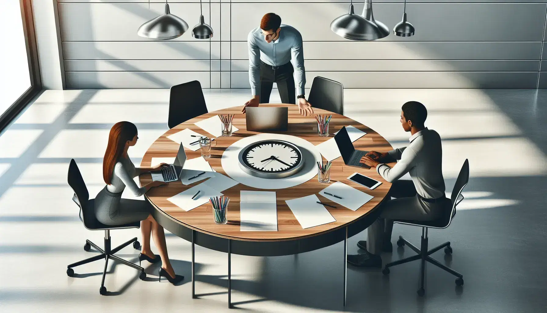 Three diverse professionals collaborate around an oval table with a laptop and markers in a sunlit office with a city view.
