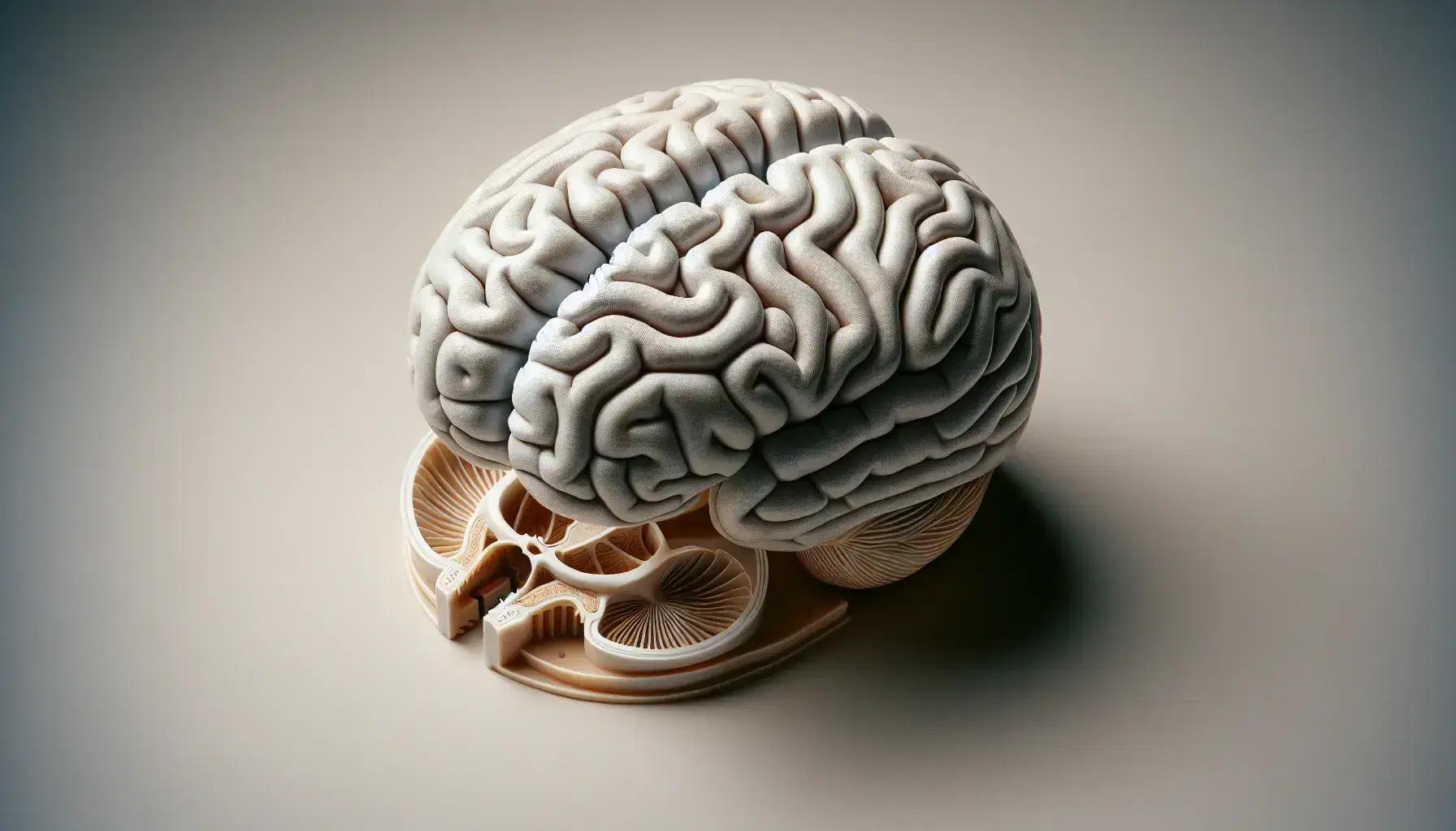Modelo anatómico tridimensional del cerebro humano en vista superior, mostrando hemisferios, surcos y relación espacial con el cráneo transparente.