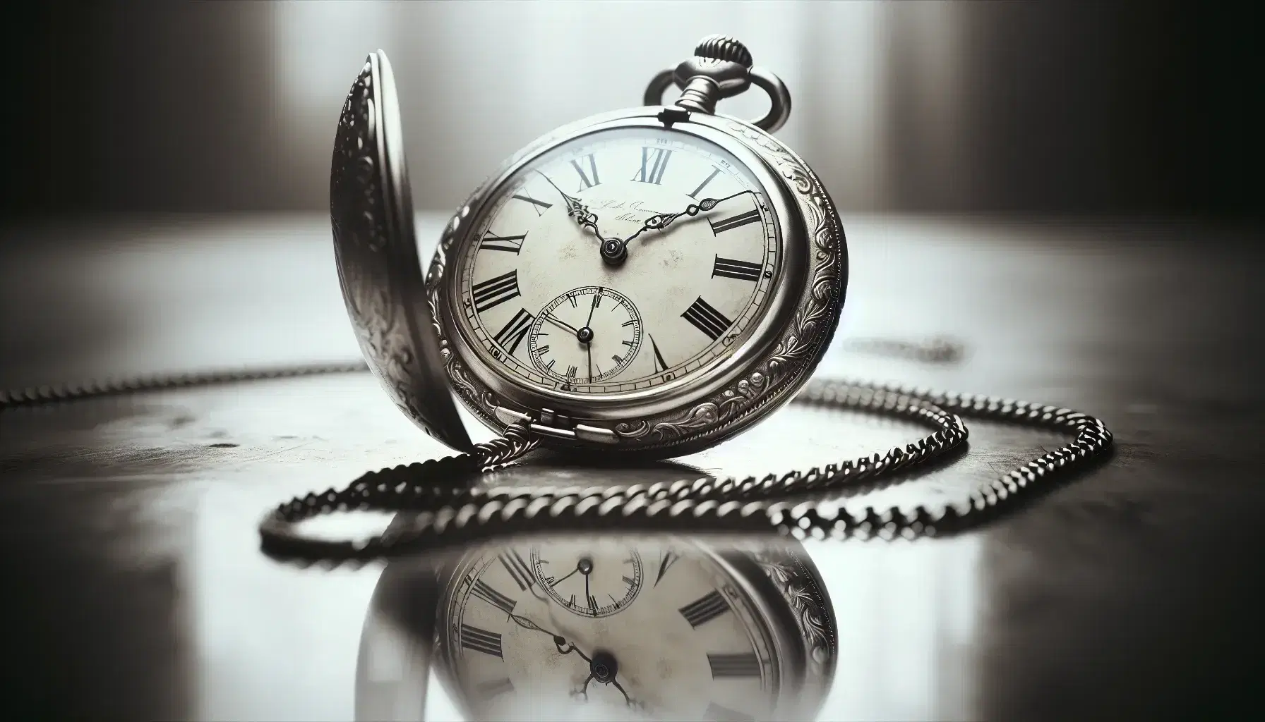 Orologio da tasca antico con quadrante avorio, lancette nere, numeri romani e incisioni floreali sul bordo, posato su superficie riflettente.