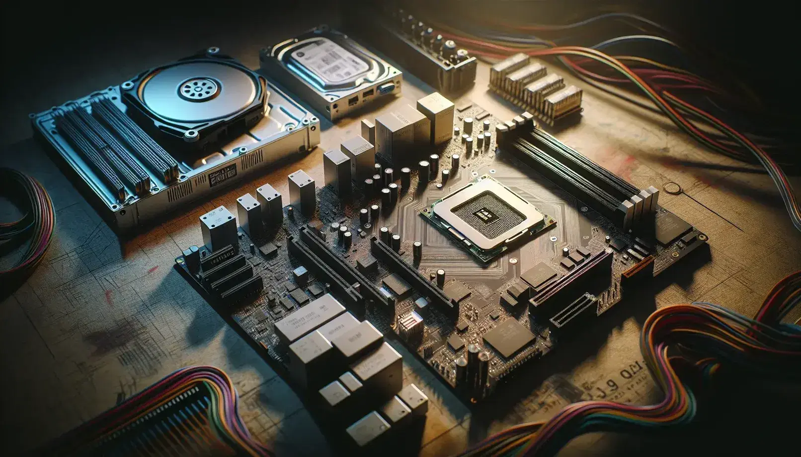 Mesa de trabajo con componentes de computadora, incluyendo placa base, procesador, módulo de RAM y discos duro y sólido, con cables multicolores al fondo.