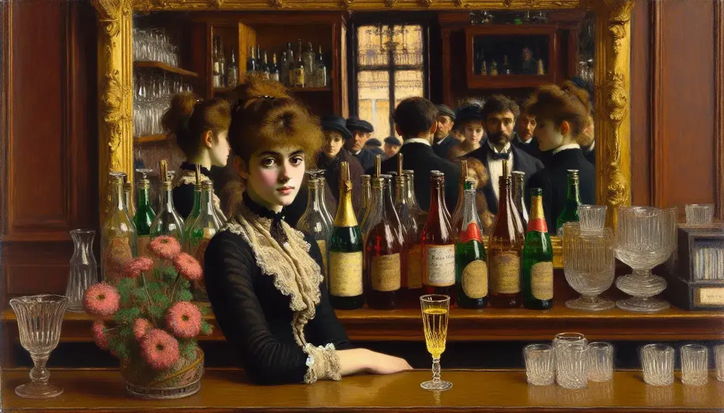 Donna barista pensierosa al Folies-Bergère di Manet, con specchio che riflette l'affollato locale notturno, bottiglie e fiori sul bancone.