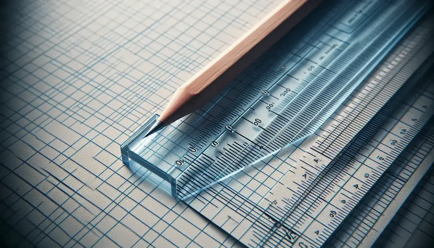 Close-up view of a transparent acrylic ruler and graphite pencil on white graph paper with a grid pattern, indicating precision drawing or measurement.