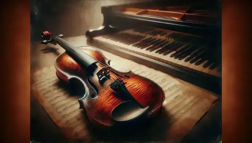 Violino marrone scuro su velluto rosso con sfondo sfumato beige, pianoforte a coda sfocato e foglio di musica vuoto.