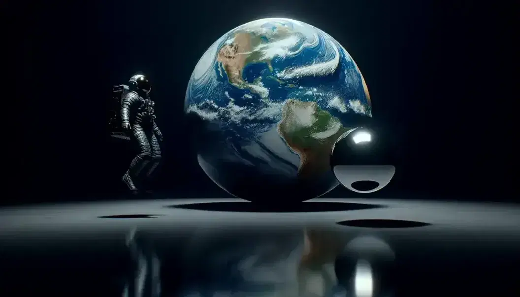 Detailed model of the Earth suspended in space with astronaut in suit and reflective metal sphere, without legible symbols.