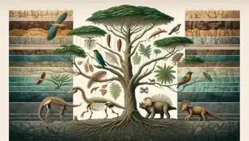 Tree of life with trilobite, fern, dinosaur, bird and primate patterns on background of rock layers and gradient blue sky.