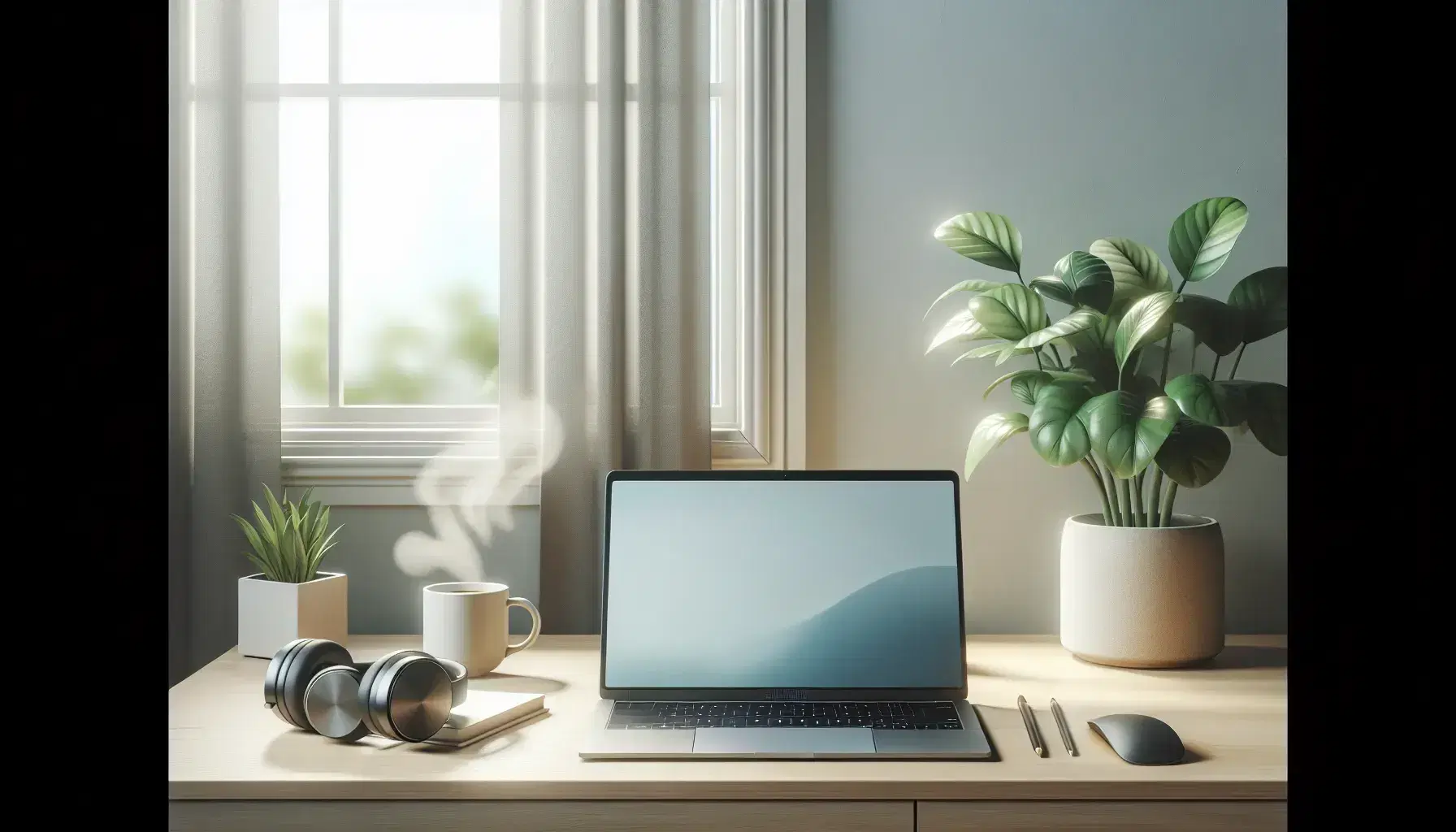 Tidy desk with modern laptop, steaming cup of coffee, black headphones and green potted plant, illuminated by natural light.