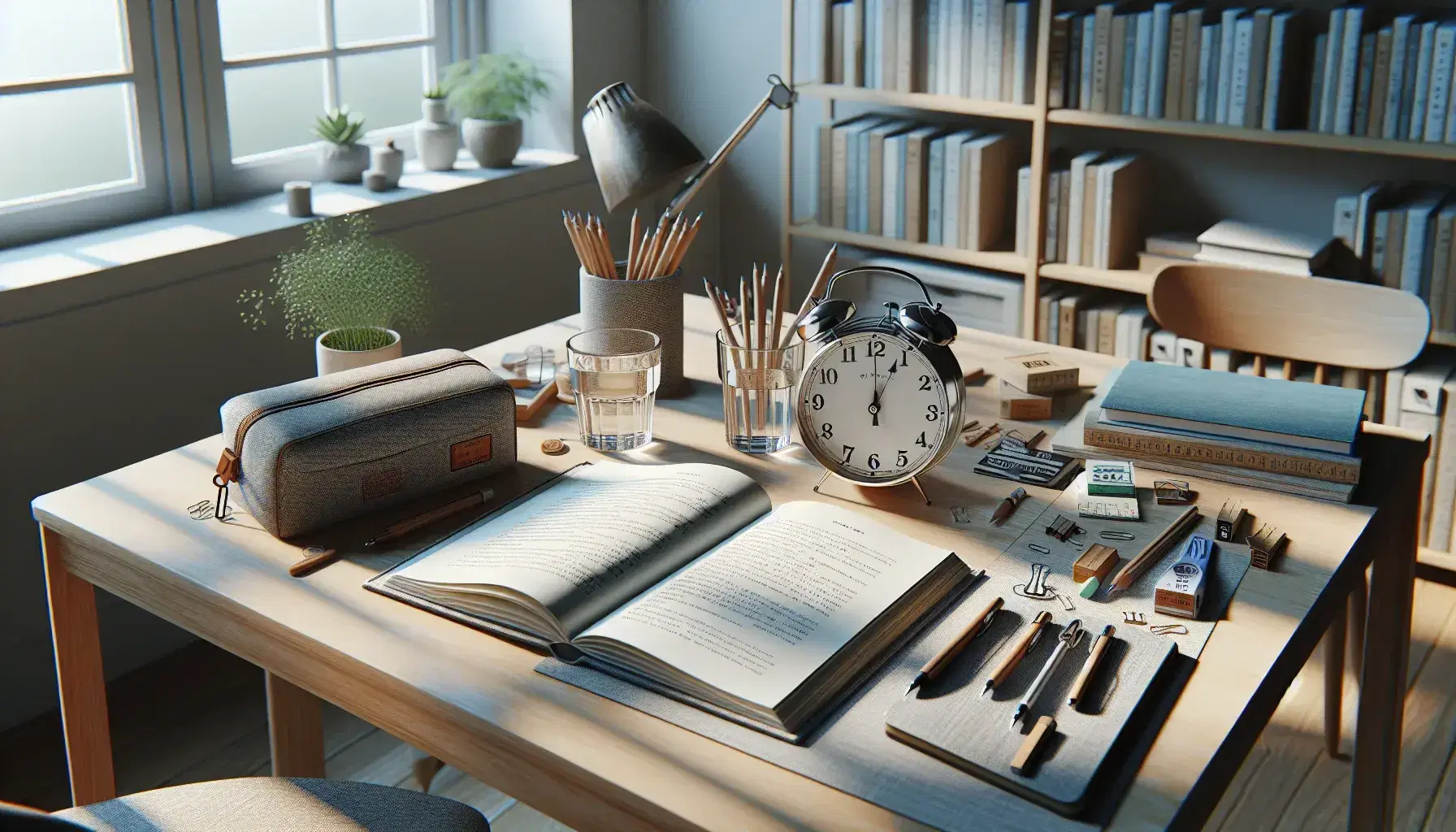 Mesa de estudio de madera clara con libro abierto, cuaderno azul, estuche de lápices gris, reloj analógico, vaso de agua y planta verde, iluminada por luz natural.