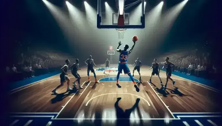Giocatore di basket in divisa blu e arancione salta per tiro a canestro con palla sospesa, sfondo di campo e tifosi sfocati.