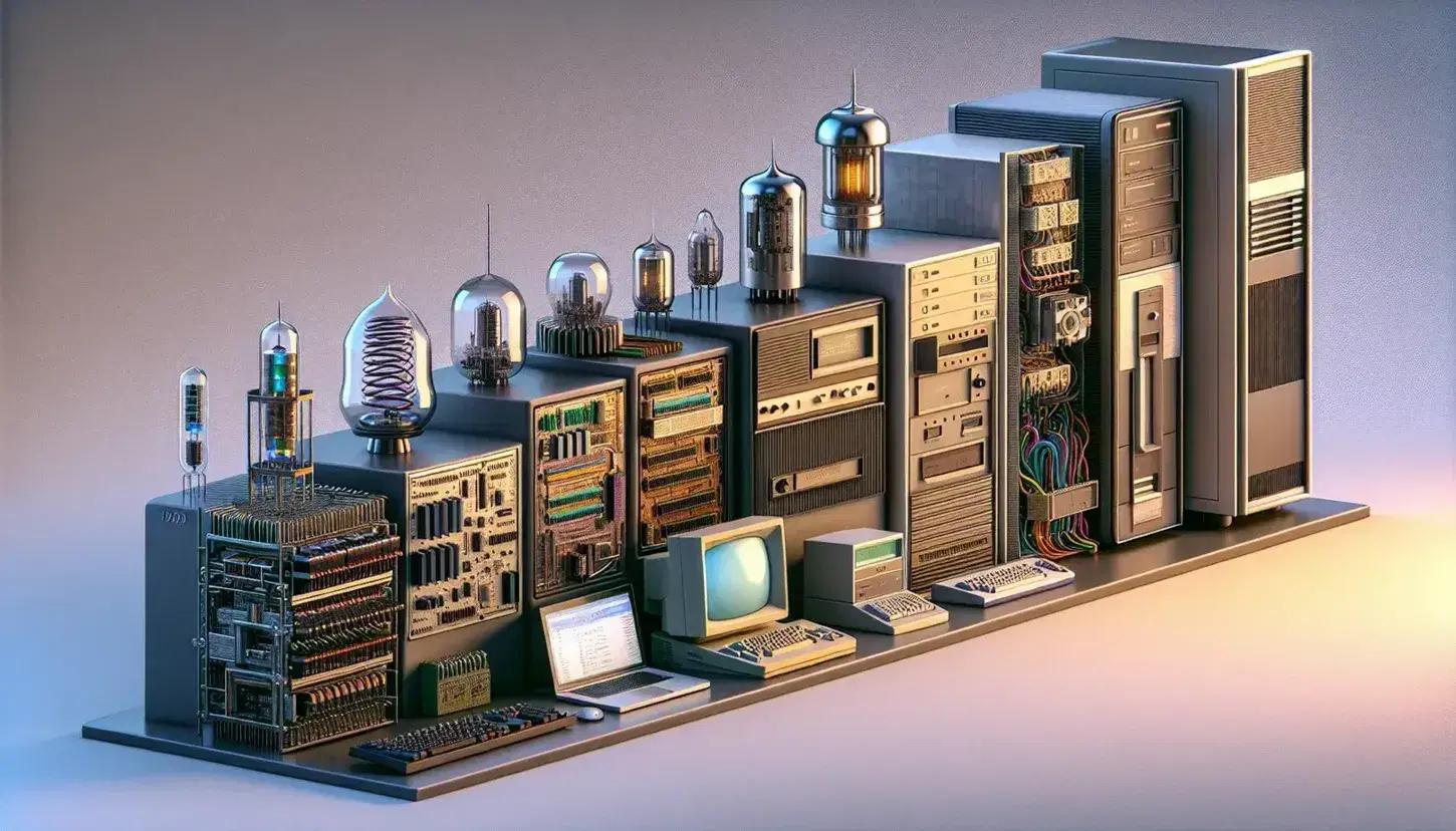 Evolución de la computación desde relés mecánicos hasta portátiles modernos, mostrando transición de tubos de vacío, transistores e integrados.