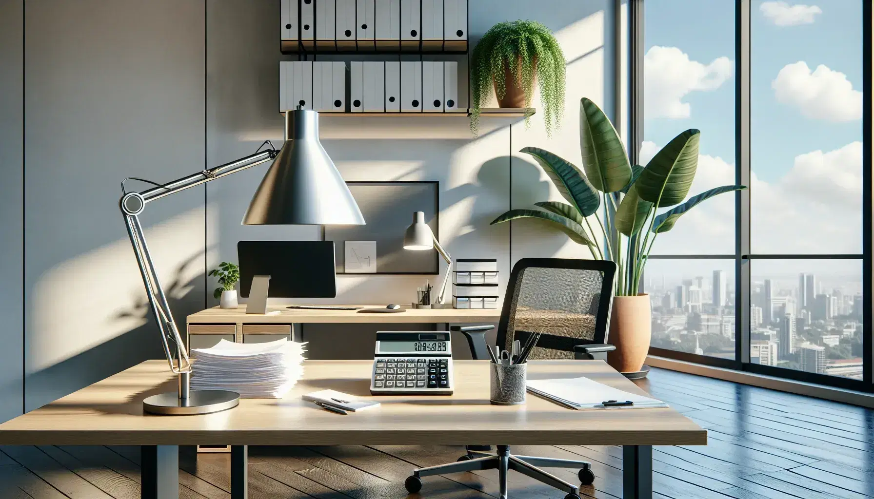Ufficio moderno e luminoso con scrivania in legno, calcolatrice grigia, fogli bianchi, pianta verde e sedia ergonomica.