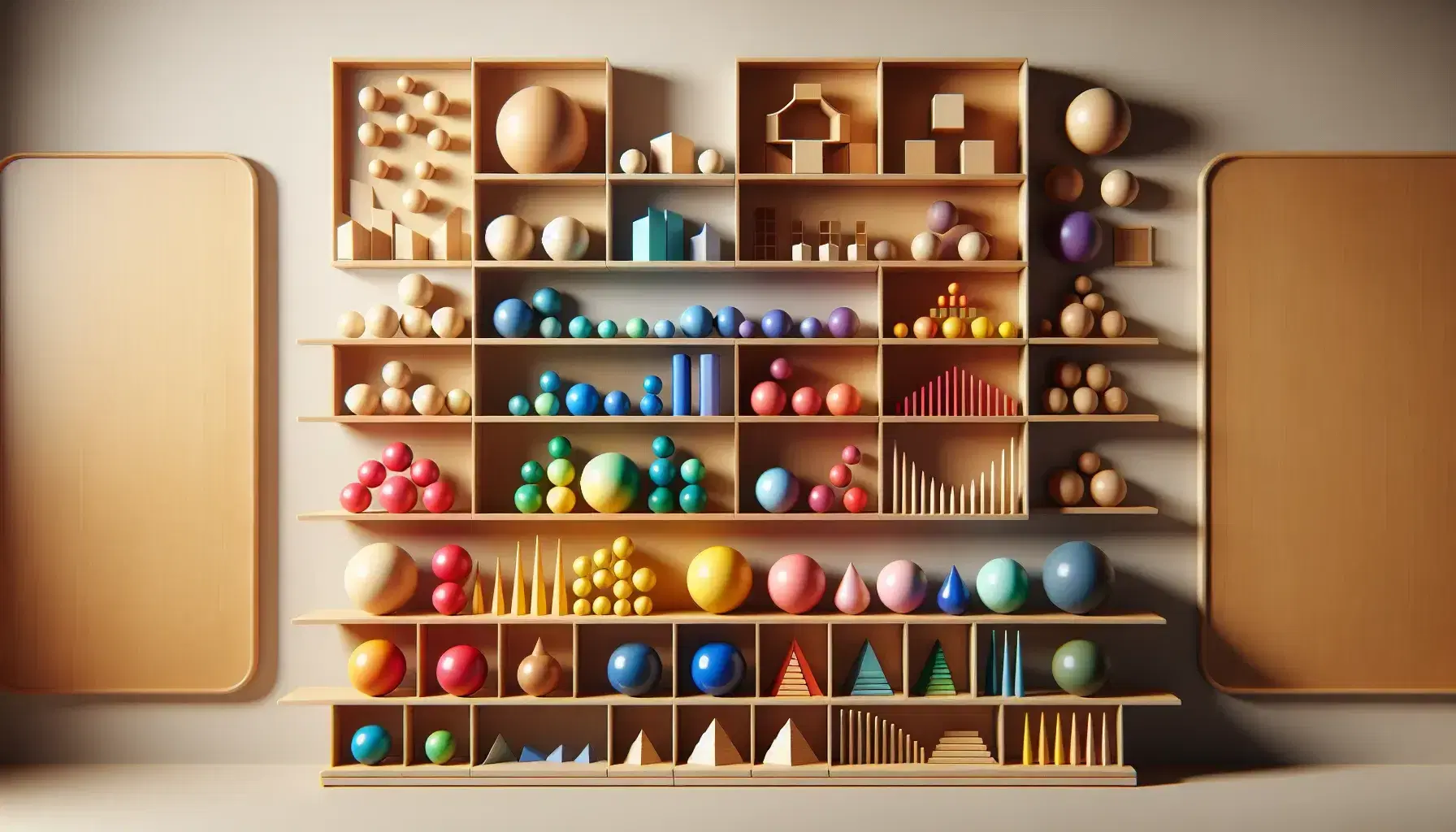 Estantes semicirculares de madera con esferas, cubos y figuras geométricas de colores variados ordenados y espaciados sobre fondo blanco.