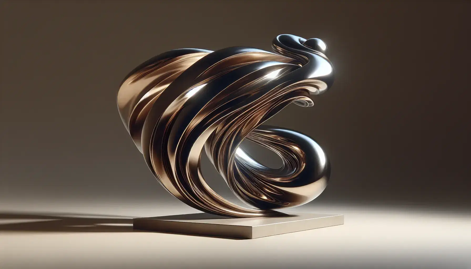 Scultura in bronzo 'Forme uniche della continuità nello spazio' riflettente luce, su piedistallo neutro, senza testo visibile.