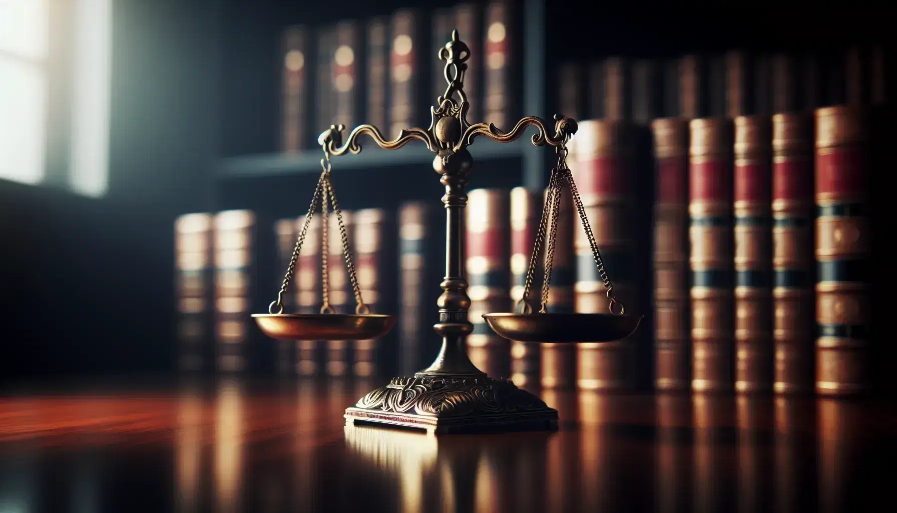 Balanza de justicia tradicional equilibrada en primer plano sobre escritorio de madera oscura, con estantería de libros encuadernados en cuero al fondo.