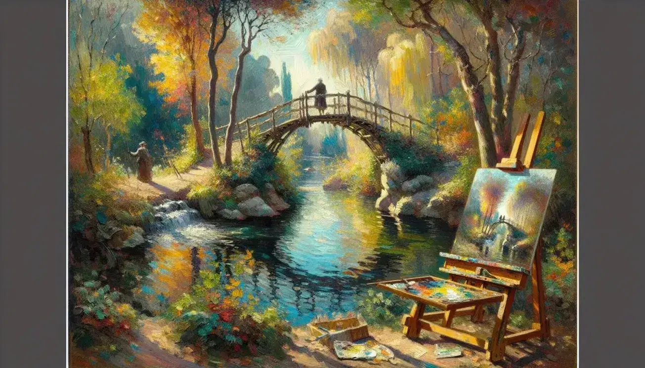 Ponte in legno su corso d'acqua con riflessi luminosi, vegetazione autunnale e figura umana di spalle davanti a cavalletto con tela.