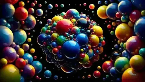 Sfere colorate fluttuanti in spazio nero con riflessi, zone di sovrapposizione creano nuove tonalità, senza simboli.
