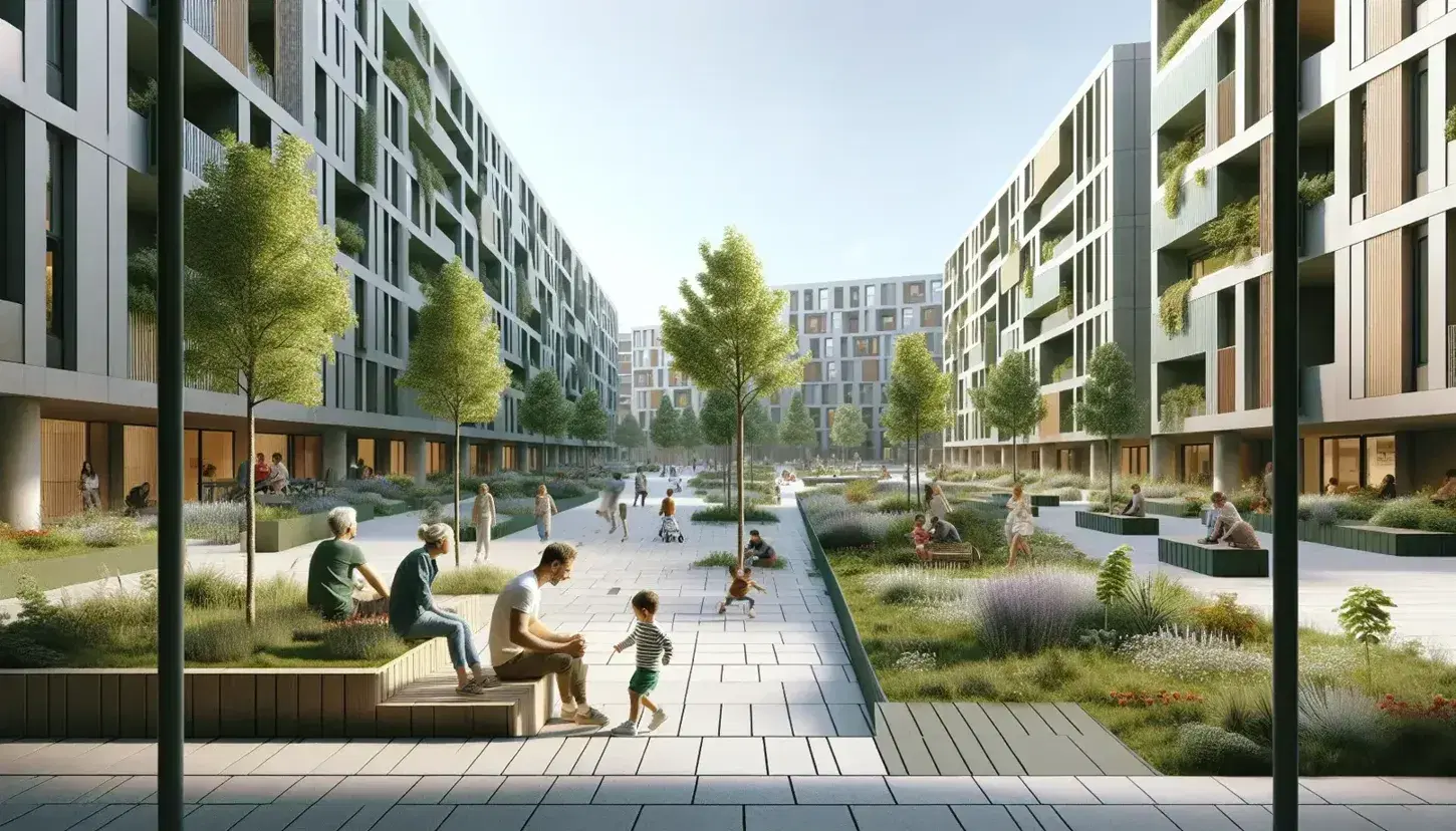 Modern Spanish social housing complex with lush greenery, families enjoying outdoor space, and sustainable architecture with solar panels.