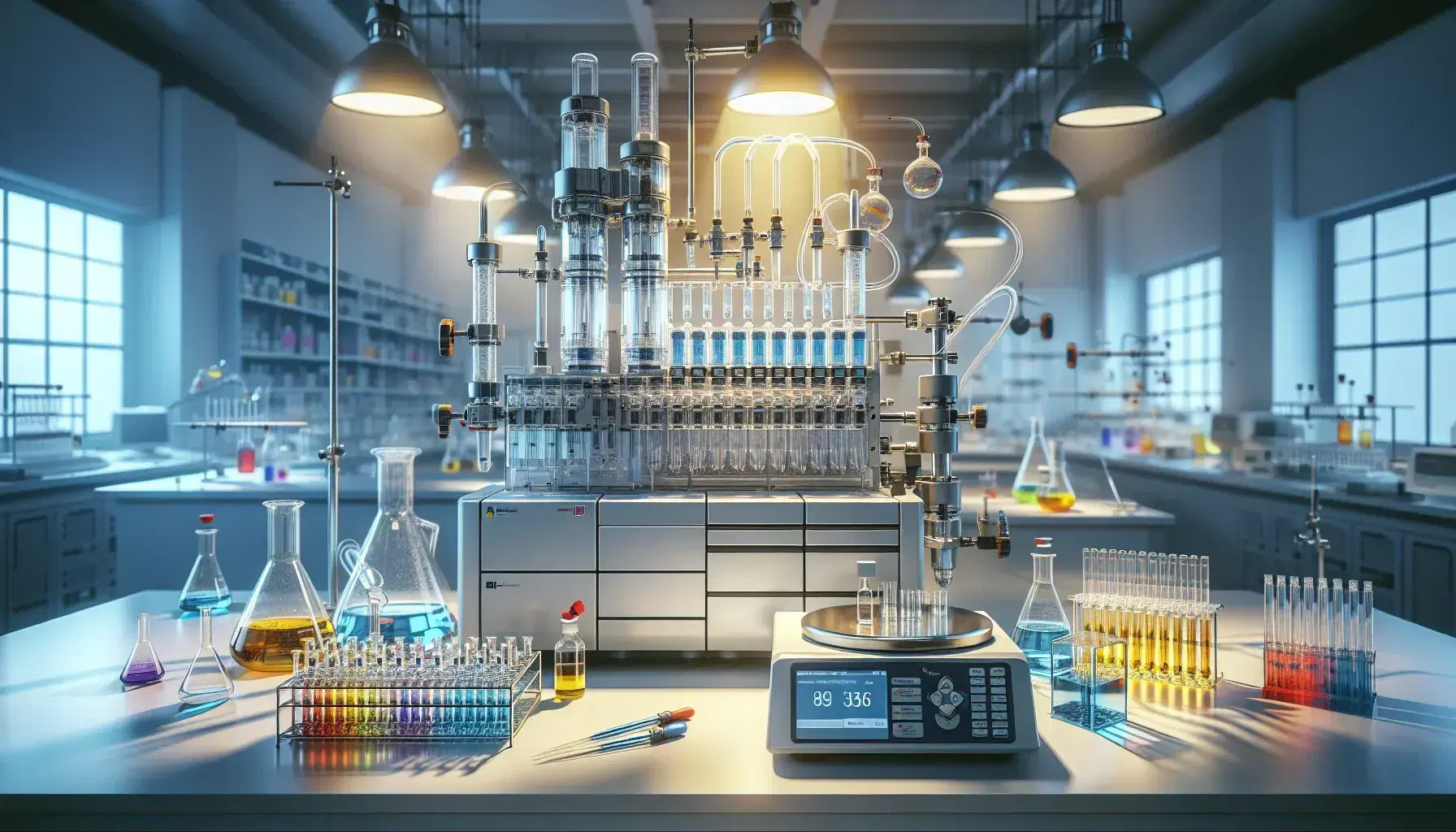 Laboratorio scientifico con strumentazione cromatografica, HPLC, viali con liquidi colorati e bilancia analitica digitale.