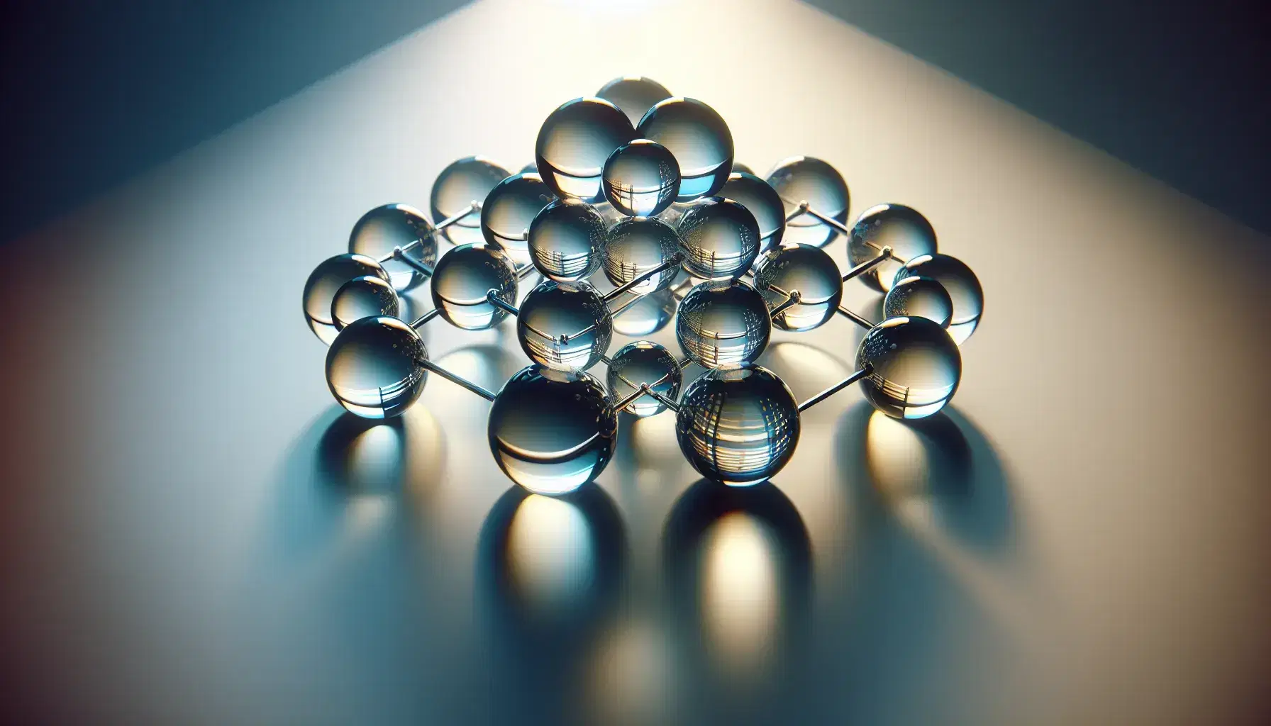 Esferas de vidrio transparentes de distintos tamaños sobre superficie reflectante con reflejos multicolores y sombras difusas en fondo degradado gris.