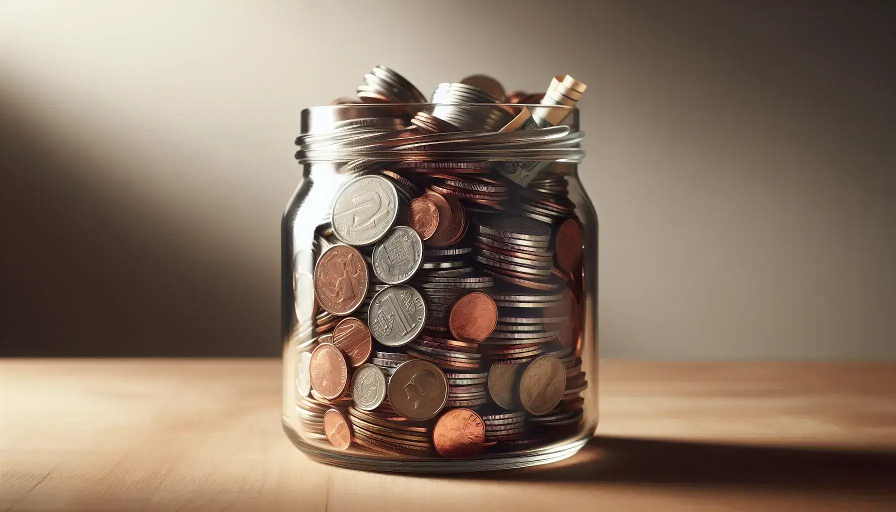 Close-up of a glass jar on a wooden surface filled with mixed coins and rolled paper money, with a soft-focus background.