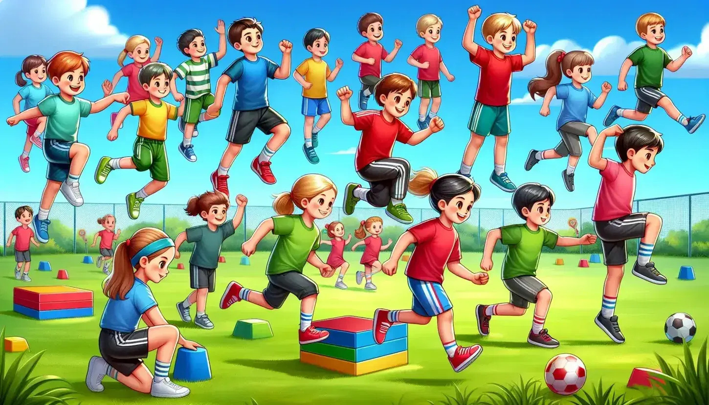 Niños de diversas edades en ropa deportiva realizando actividades físicas al aire libre, saltando obstáculos y corriendo en un campo de césped verde bajo cielo azul.