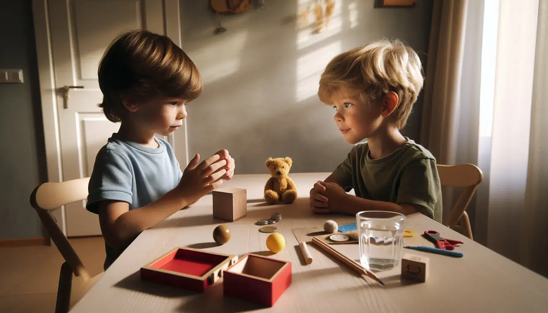 Dos niños sentados en una mesa de madera observan una caja roja, con un balón amarillo, un oso de peluche y un vaso de agua entre ellos.