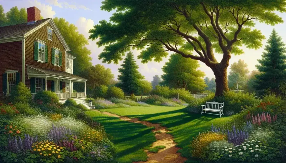 Serene 19th-century garden with a path leading to a white bench under a large tree, adjacent to a two-story brick house, on a sunny day.