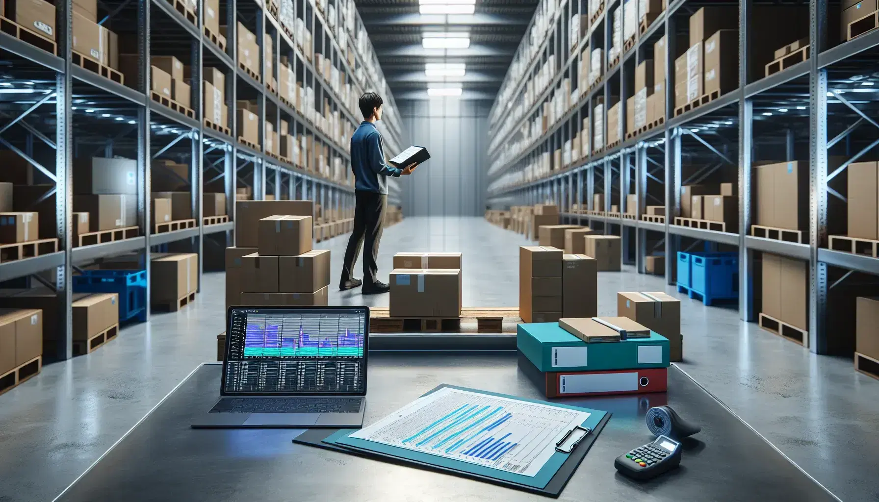 Interior de almacén logístico con trabajador utilizando lector de códigos de barras, mesa de trabajo con laptop y gráficos, y estanterías con cajas de cartón.