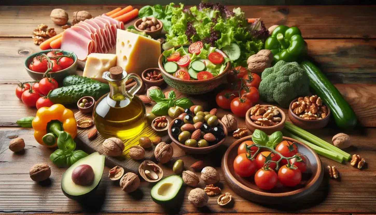 Tavola rustica con cibo fresco per dieta mediterranea e chetogenica: insalata verde, pomodorini, avocado, verdure crude, olive, olio d'oliva, formaggio, noci, mandorle e prosciutto crudo.