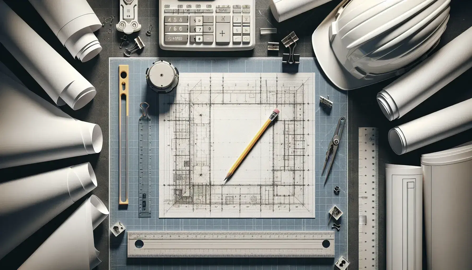 Vista aérea de un escritorio con papel en blanco, lápiz amarillo, regla transparente, casco de seguridad, planos arquitectónicos, calculadora y compás sobre superficie de madera.