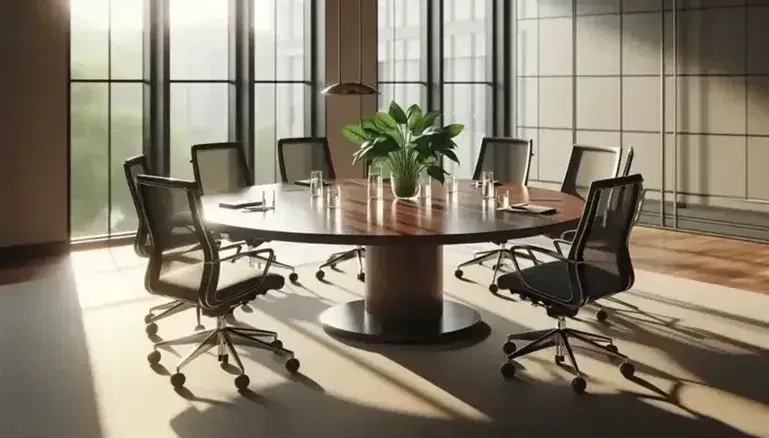 Round mahogany conference table with ergonomic chairs, a water pitcher with glasses, and a potted plant in a bright room with a whiteboard.