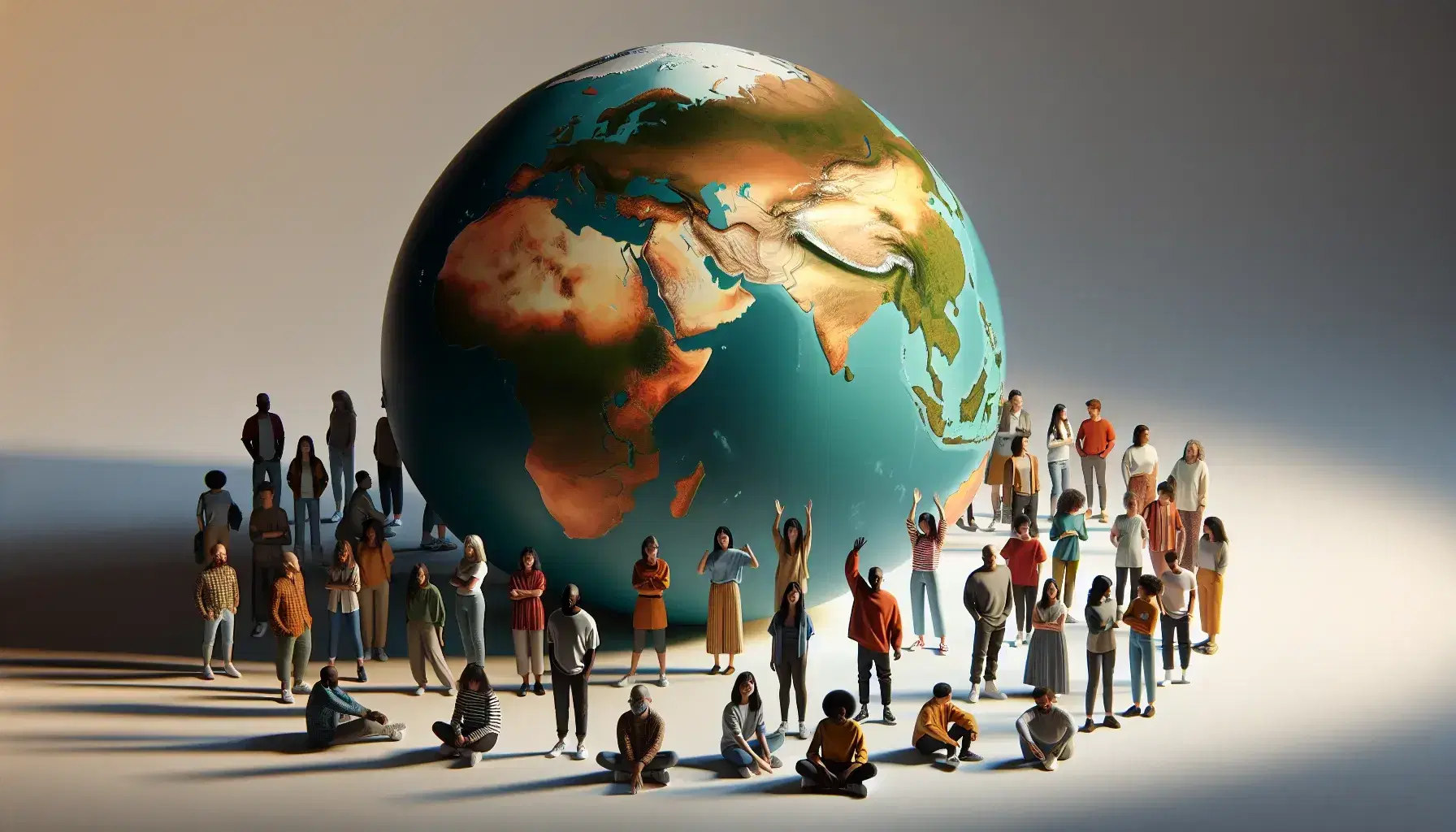 Globo terráqueo en 3D con continentes en verde y marrón y océanos en azul, rodeado por personas diversas que simbolizan la coexistencia global.