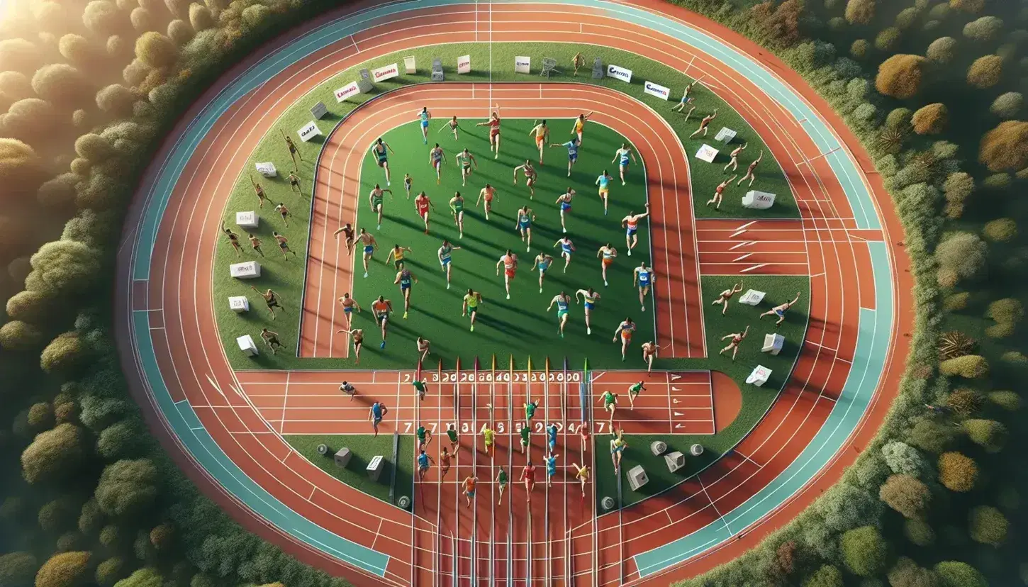 Pista di atletica con atleti in corsa e lancio del giavellotto su campo interno, in una giornata soleggiata.