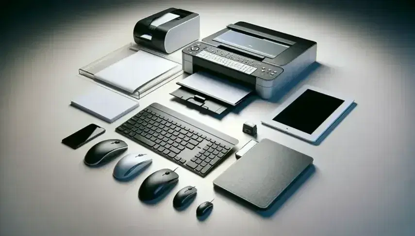 Dispositivos de entrada y salida de computadora con teclado moderno, ratón óptico, escáner de cama plana y impresora de inyección de tinta en superficie clara.