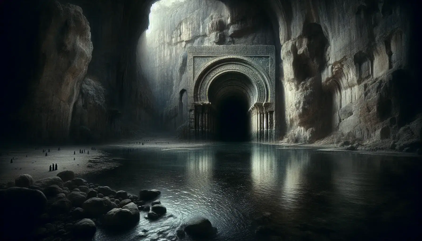 Portale di pietra antico in una caverna ombrosa con acqua stagnante e figure umane sfocate sul lato destro, in un'atmosfera di mistero.