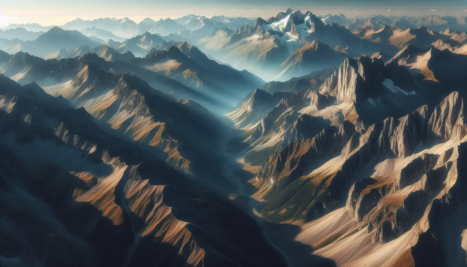 Vista aérea de una cadena montañosa con picos nevados y valle profundo bajo un cielo azul claro, sin señales de presencia humana.