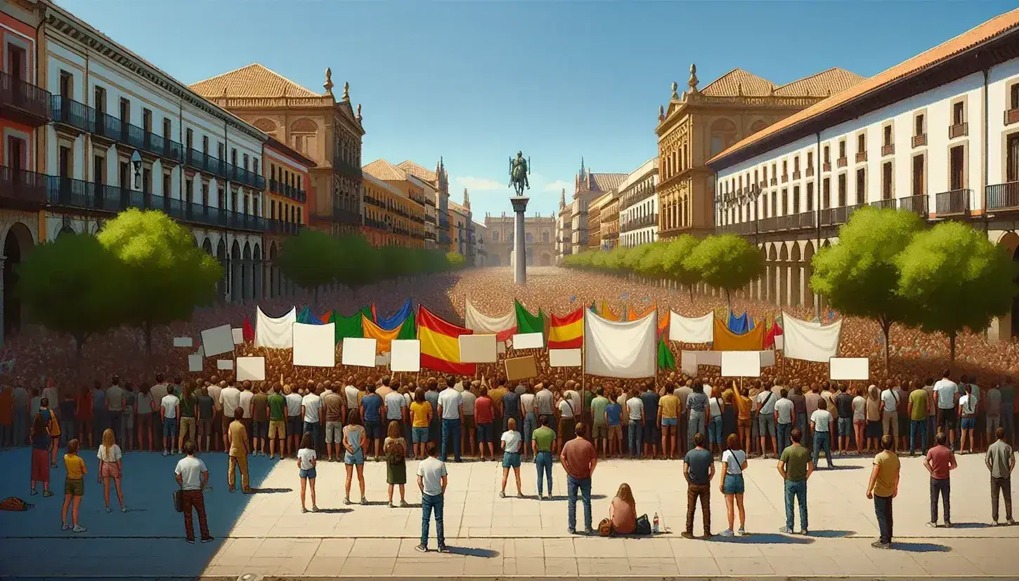 Peaceful demonstration in a Spanish square with diverse crowd holding colorful banners, surrounded by traditional architecture under a clear blue sky.