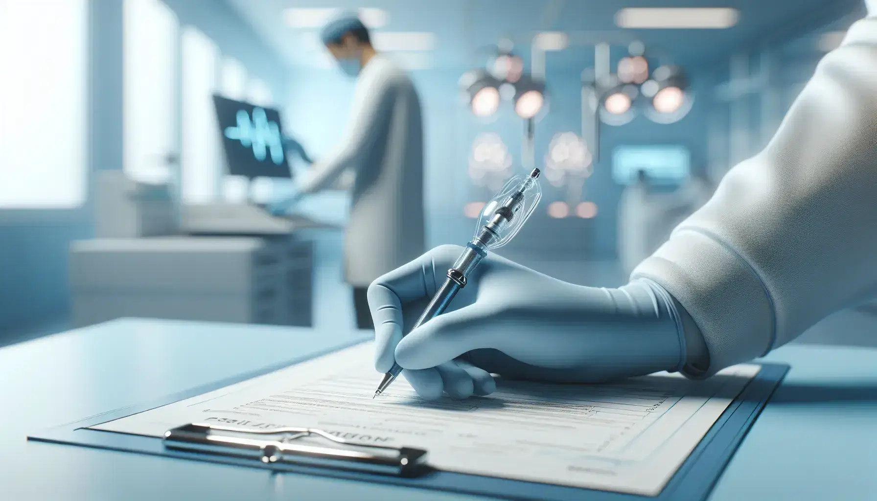 Mano con guante azul claro escribiendo en formulario médico en hospital, con profesional de salud desenfocado en el fondo.