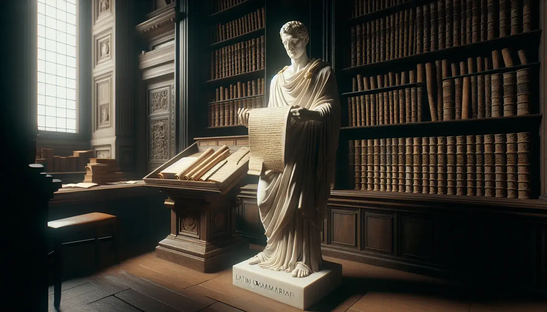 Statua in marmo di grammatico latino con toga e papiro in biblioteca antica, tra scaffali in legno e libri rilegati.