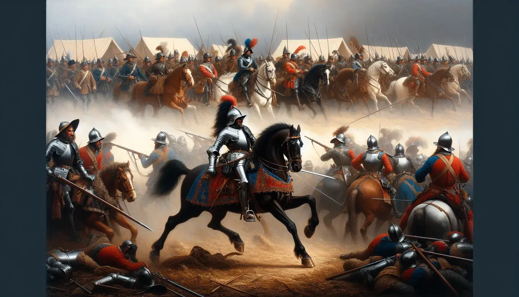 Scena di battaglia della Guerra Civile Inglese con cavalieri in armatura, soldati armati di moschetti e picche, tende sullo sfondo tra fumi.