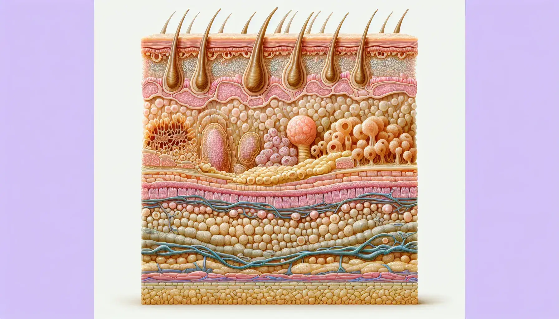 Sección transversal detallada de piel humana mostrando capas epidermis, dermis con folículos pilosos y glándulas sebáceas, y tejido adiposo de la hipodermis.