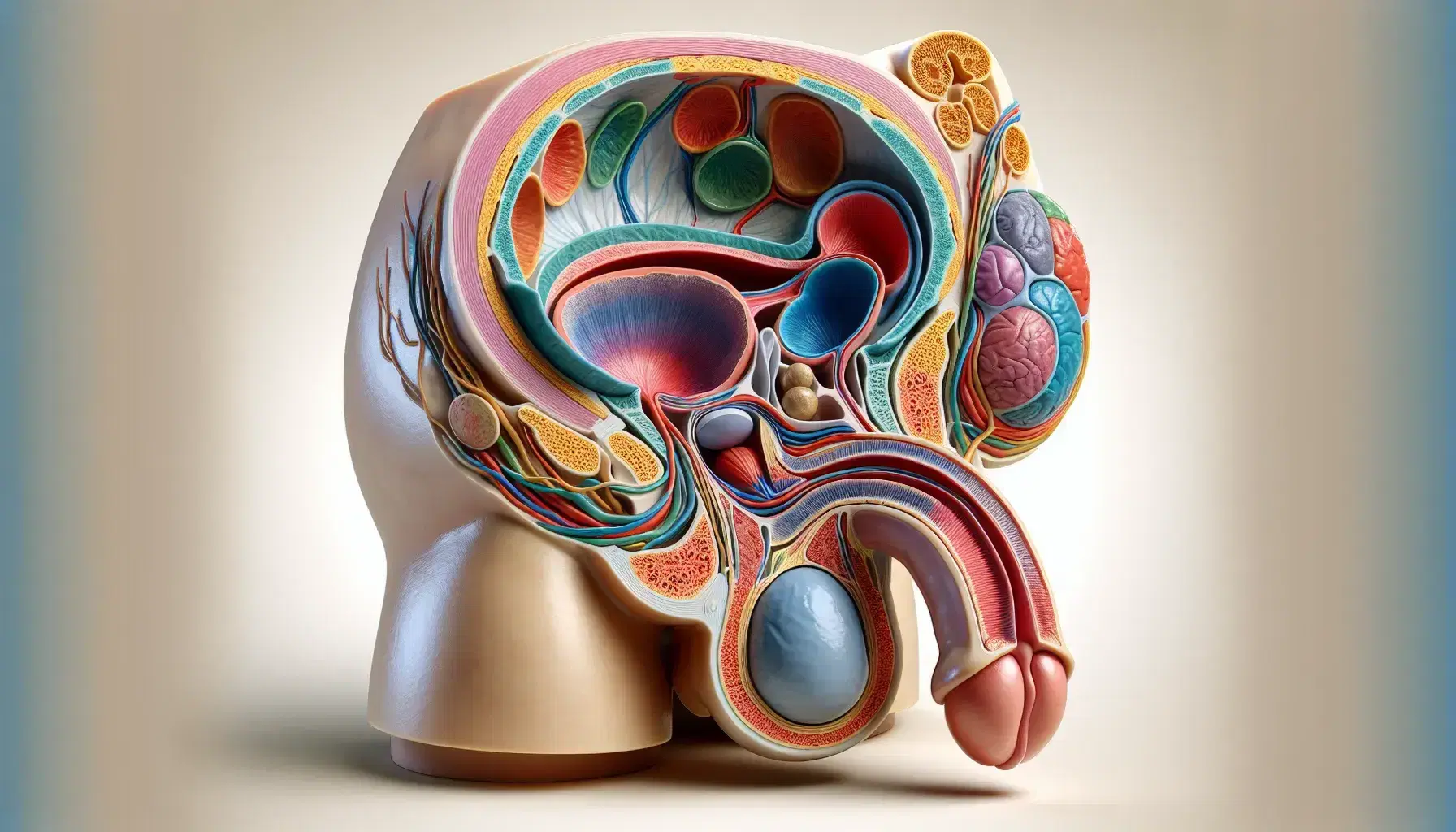 Modello anatomico dettagliato del sistema riproduttivo maschile umano con sezione sagittale del bacino e organi differenziati per colore.