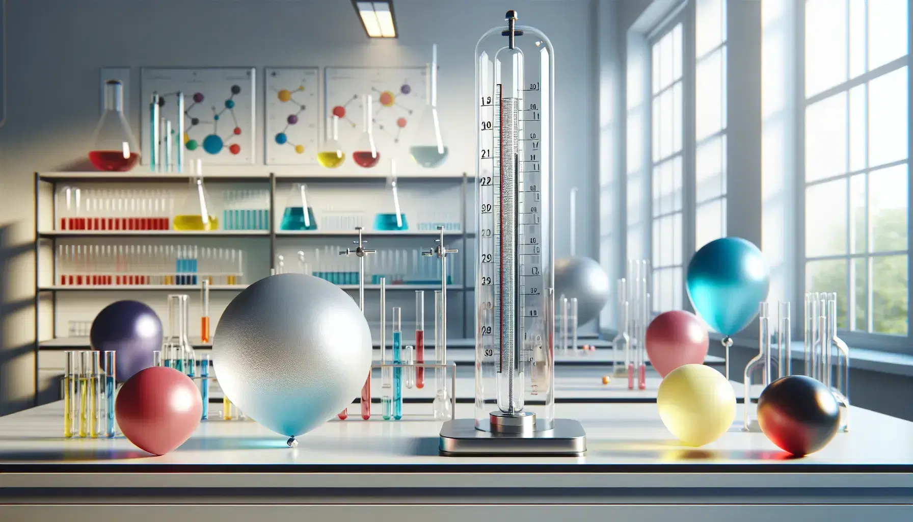 Laboratorio scientifico illuminato con tavolo grigio, termometro a gas, palloncini colorati collegati a tubi trasparenti e mensole con provette.