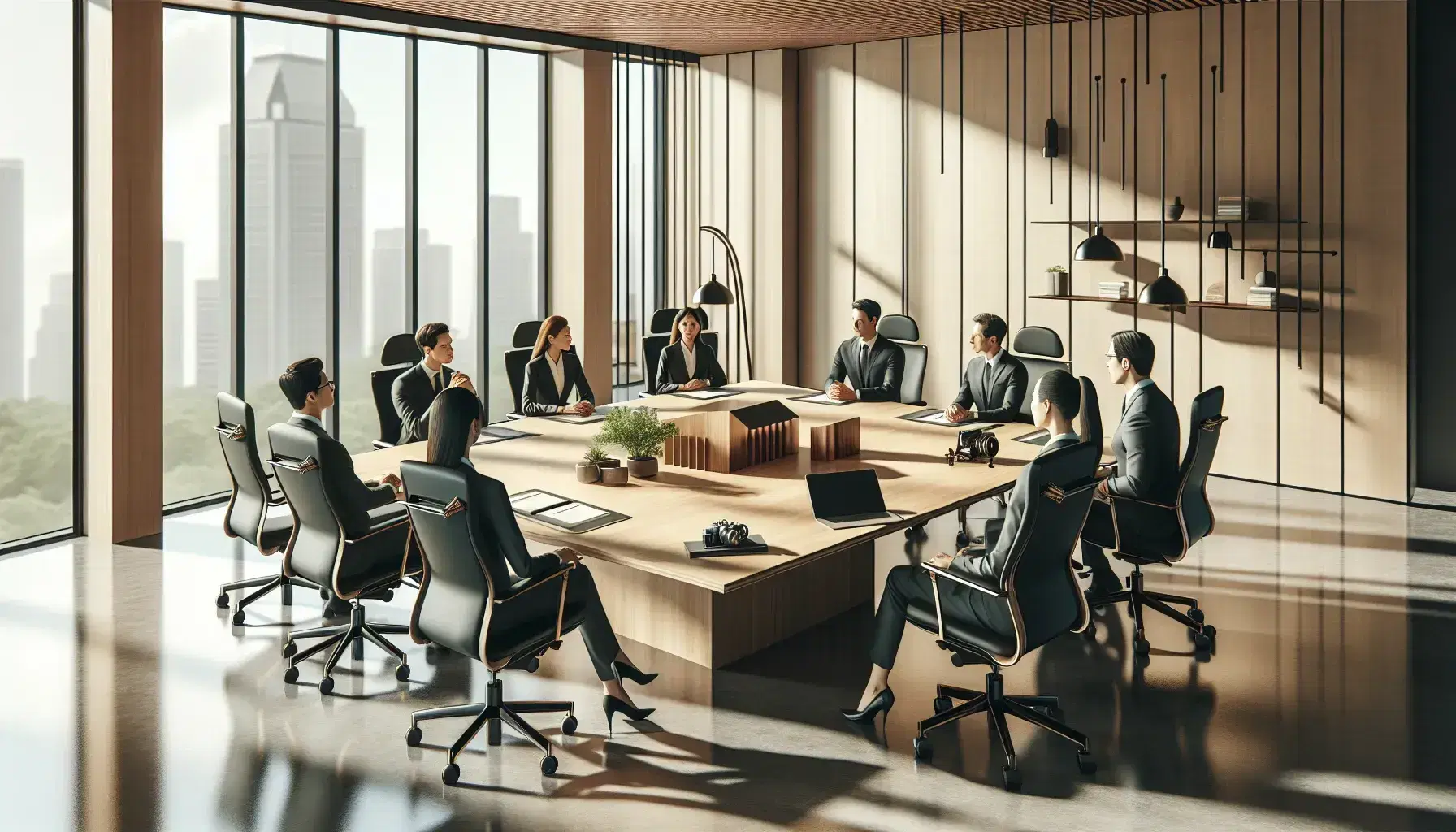 Diverse team in a modern office with a large wooden table, ergonomic chairs, a building model, a laptop, a vintage camera, and a city view.