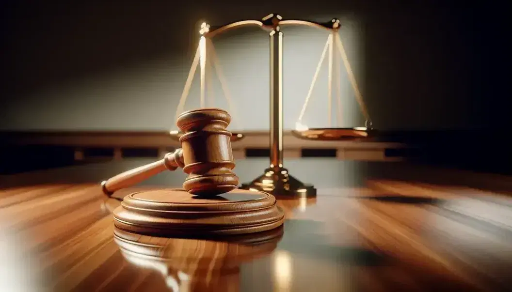 Martillo de juez de madera sobre bloque y balanza de justicia dorada equilibrada en mesa pulida, simbolizando el derecho y la ley.