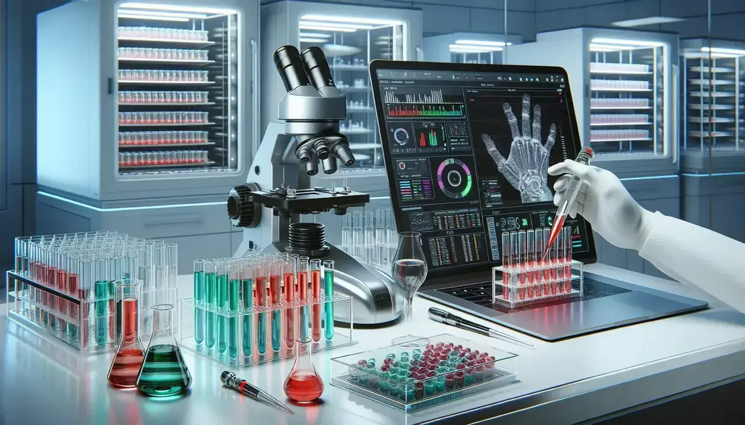 Laboratorio di ricerca genetica con microscopio elettronico, provette colorate, incubatrici per colture cellulari e braccio che pipetta liquido rosso.