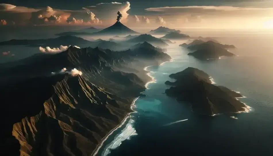 Vista aerea di una catena montuosa con un vulcano attivo e fumo, costa marittima e cielo sereno al tramonto, senza segni di presenza umana.