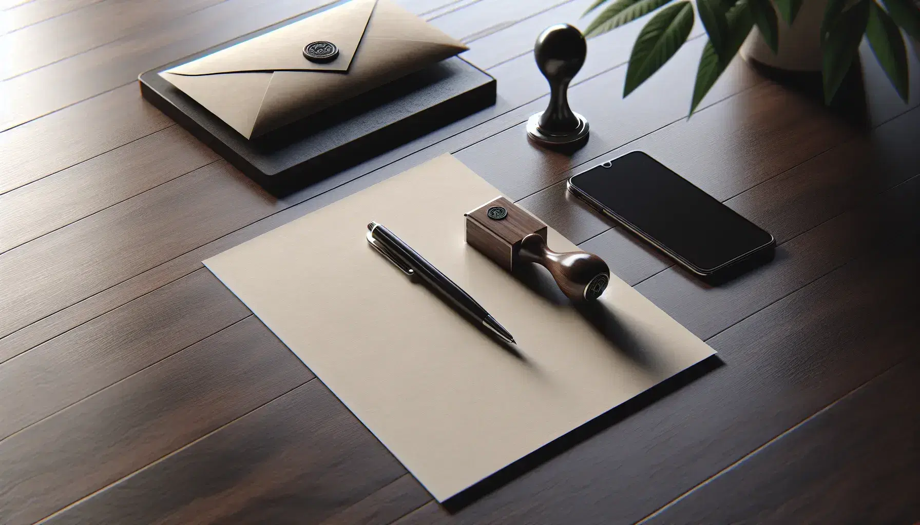 Escritorio de madera oscura con papel en blanco, bolígrafo negro, sobre cerrado y sello de goma, junto a un smartphone apagado y planta desenfocada al fondo.