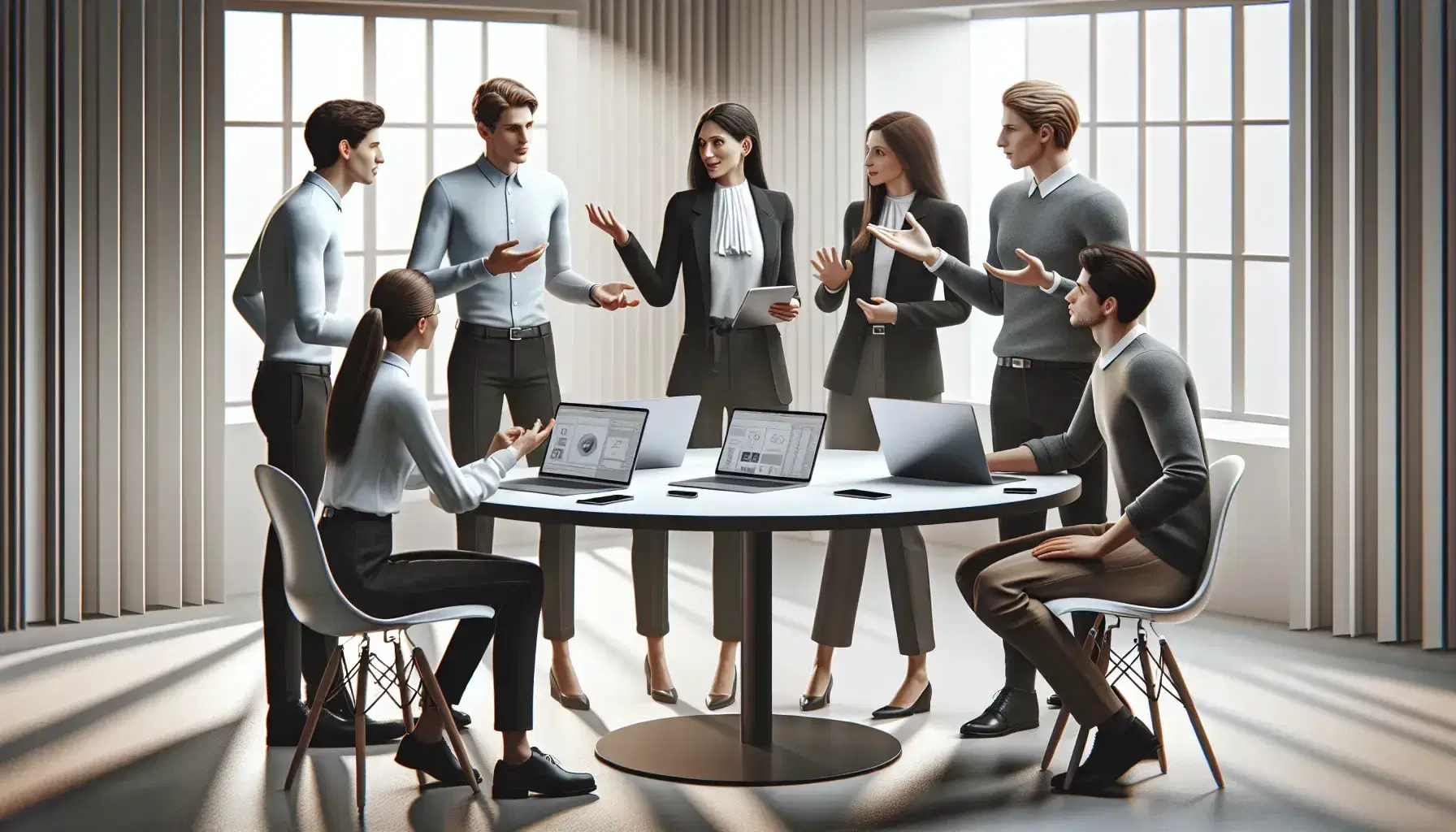 Equipo de cinco profesionales colaborando en una reunión de oficina alrededor de una mesa con laptops y un móvil, en un ambiente iluminado y sin distracciones.