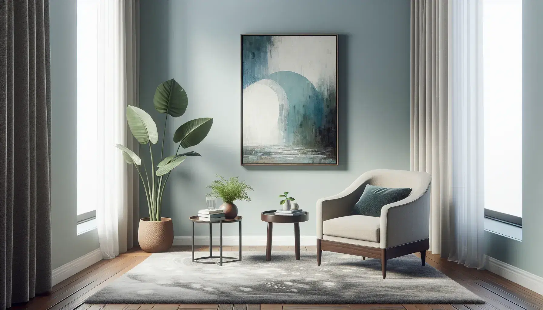 Ambiente tranquillo di uno studio psicologico con poltrona beige, sedia in legno blu, tavolino con pianta verde e quadro astratto.