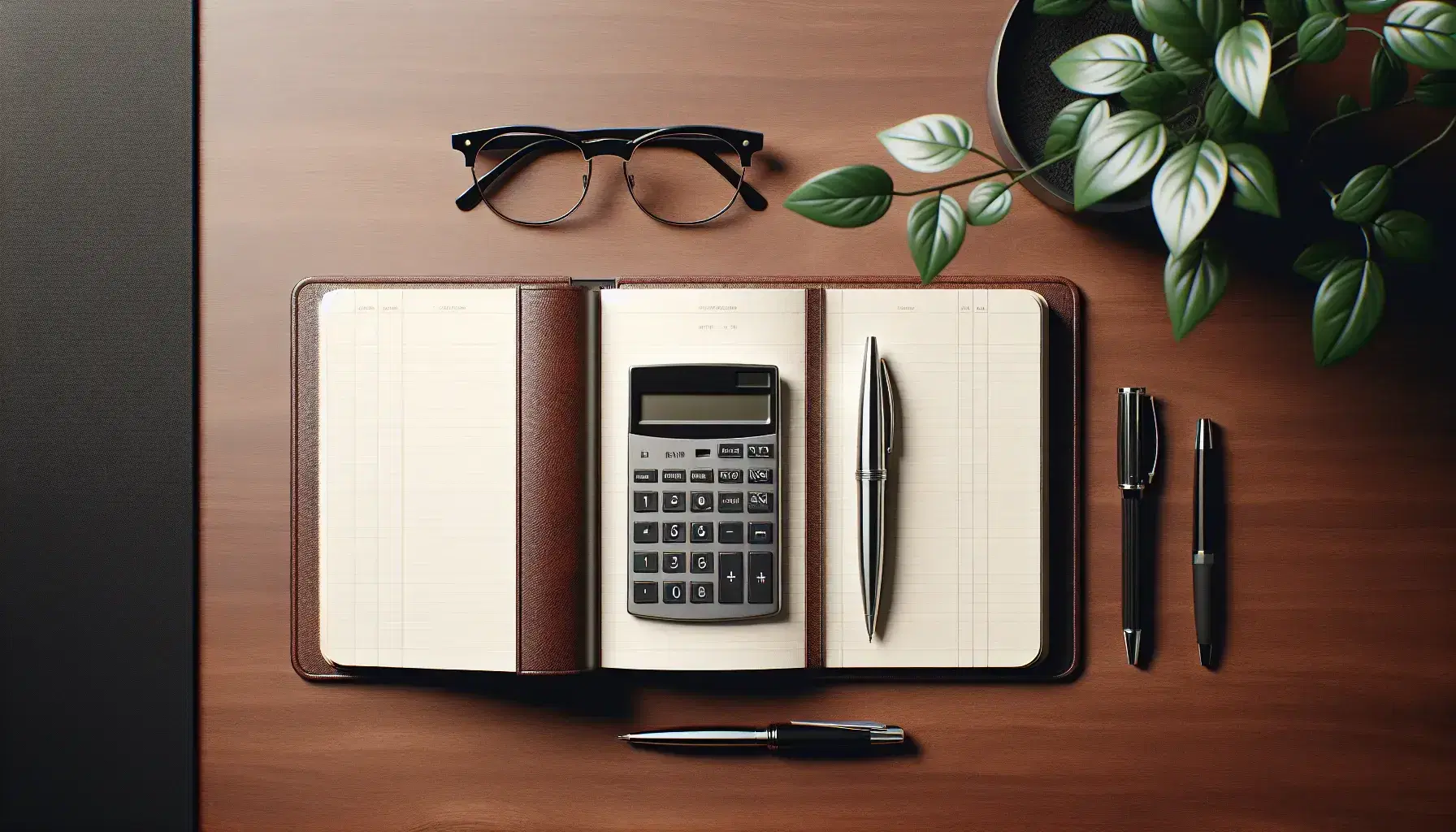 Organized office desk with calculator, eyeglasses, open ledger book, silver fountain pen, potted plant, and a mug of coffee on a mahogany surface.